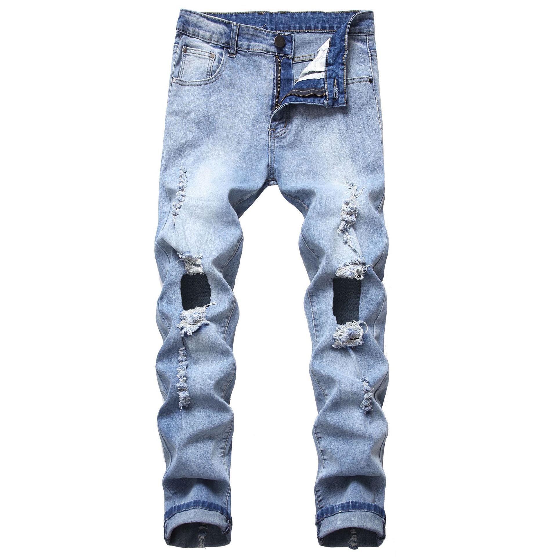 Jeans strappati con toppa blu da uomo