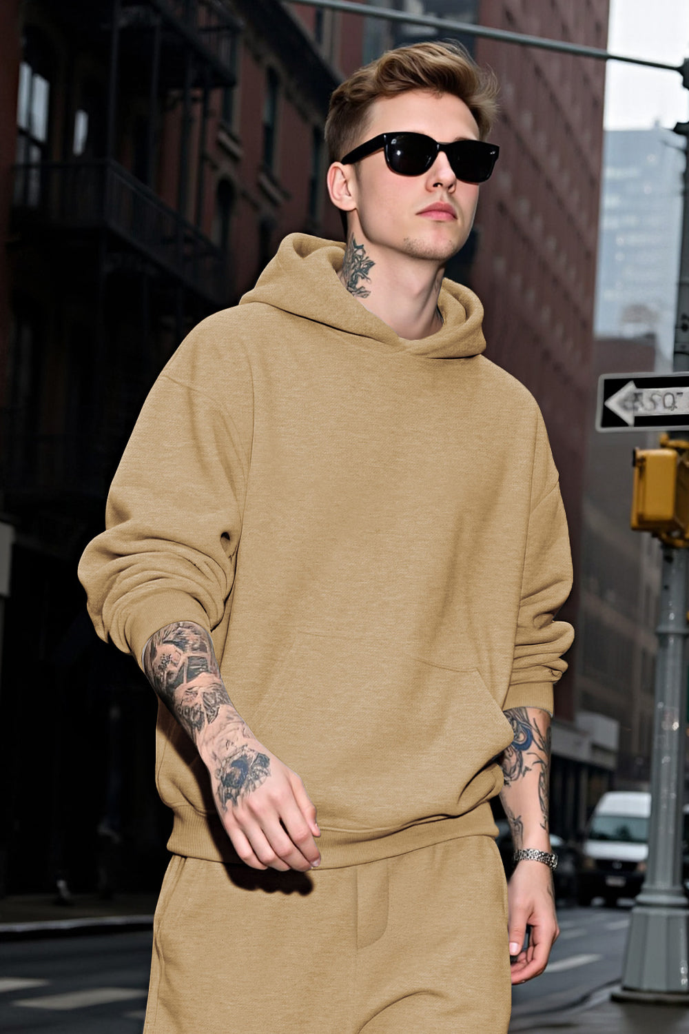 Men Pulloverl Hoodie Set - Khaki