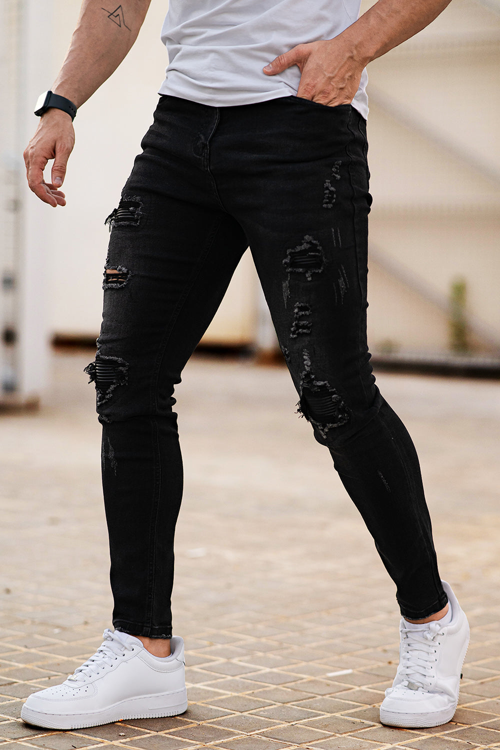 Men's Black Ripped Skinny Jean High Stretch For Sale