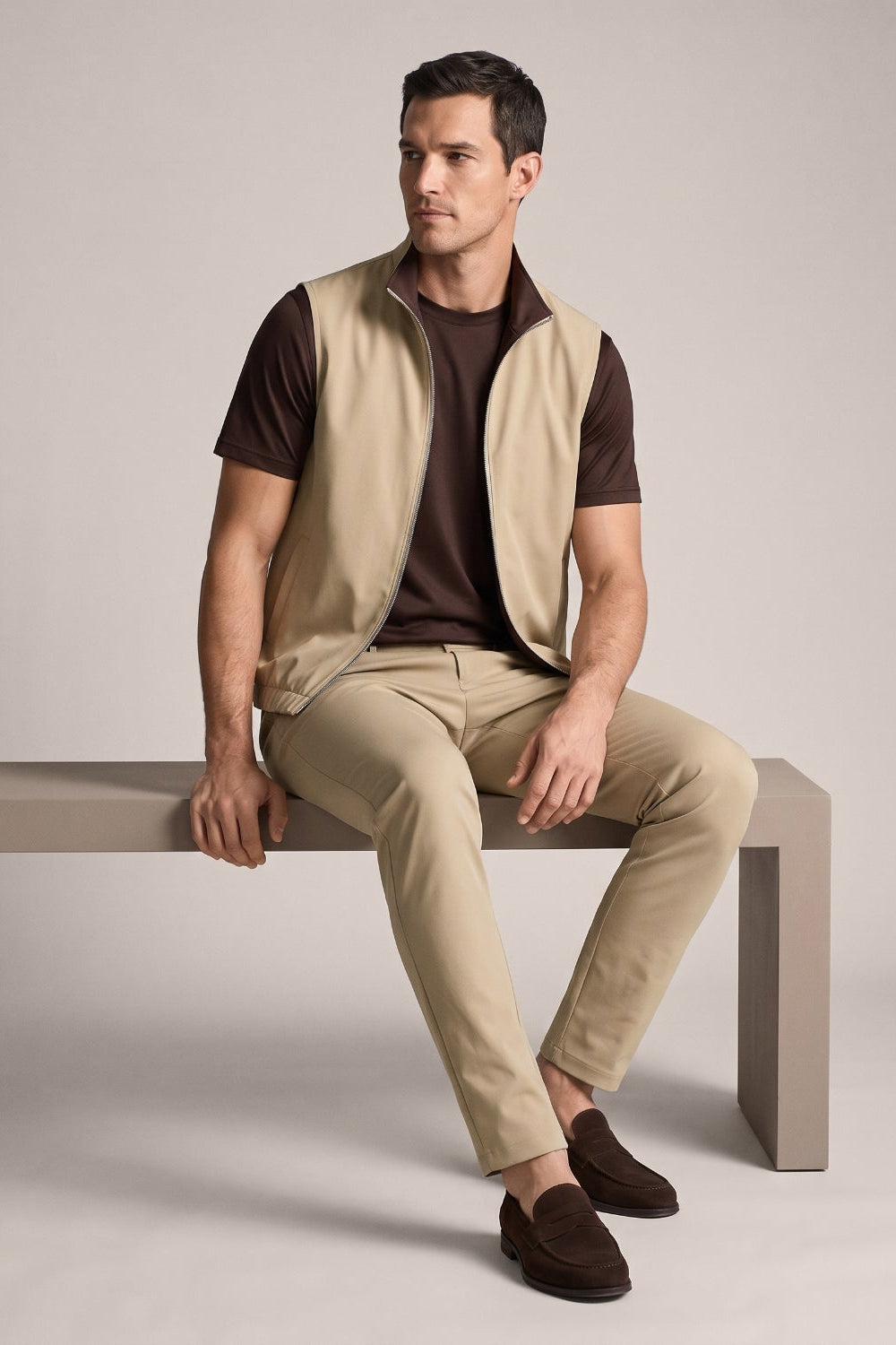 Men's 3-Piece Casual Set with Reversible Vest - Brown