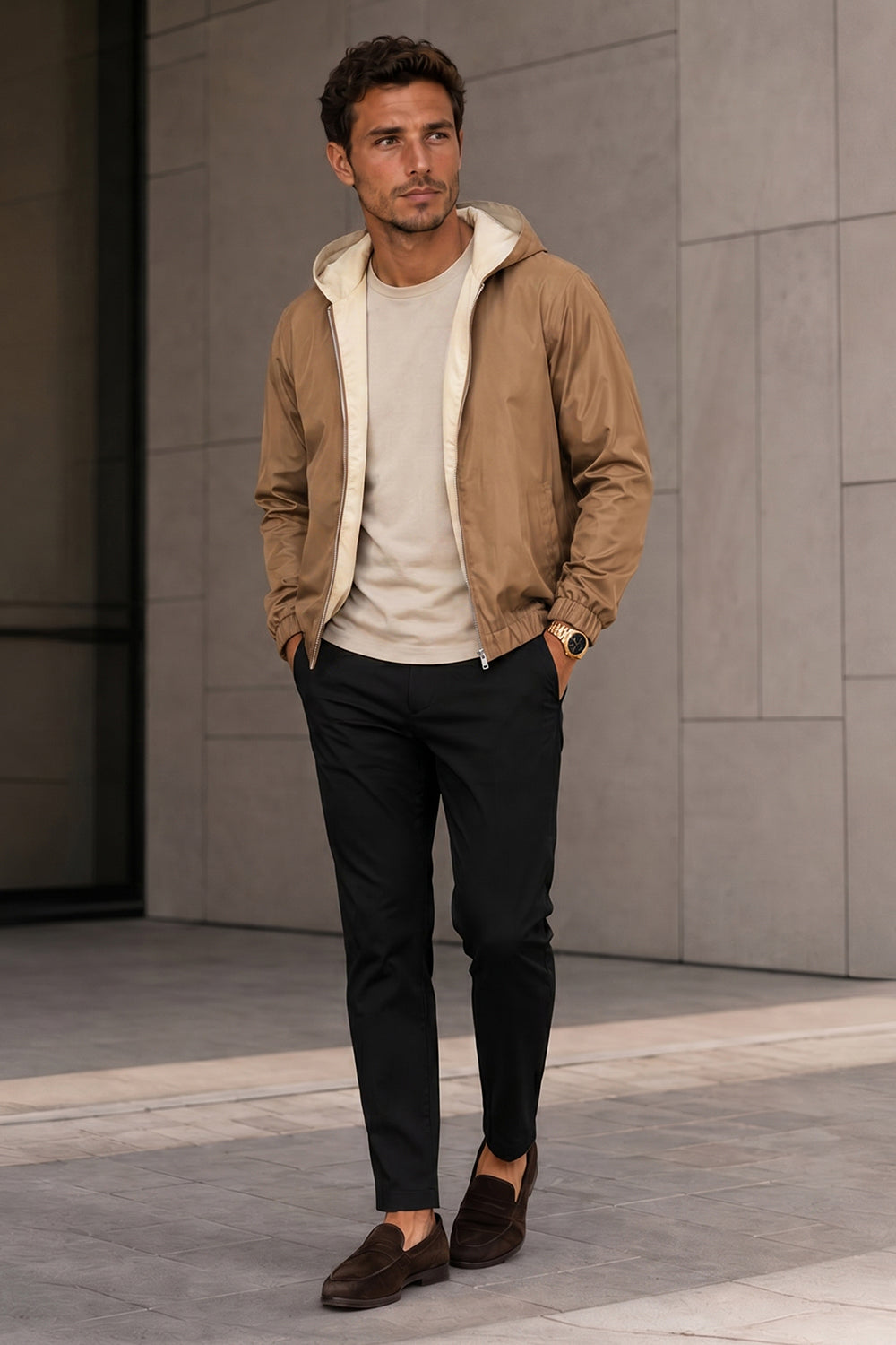Men's Casual Hooded Lightweight Jacket - Camel