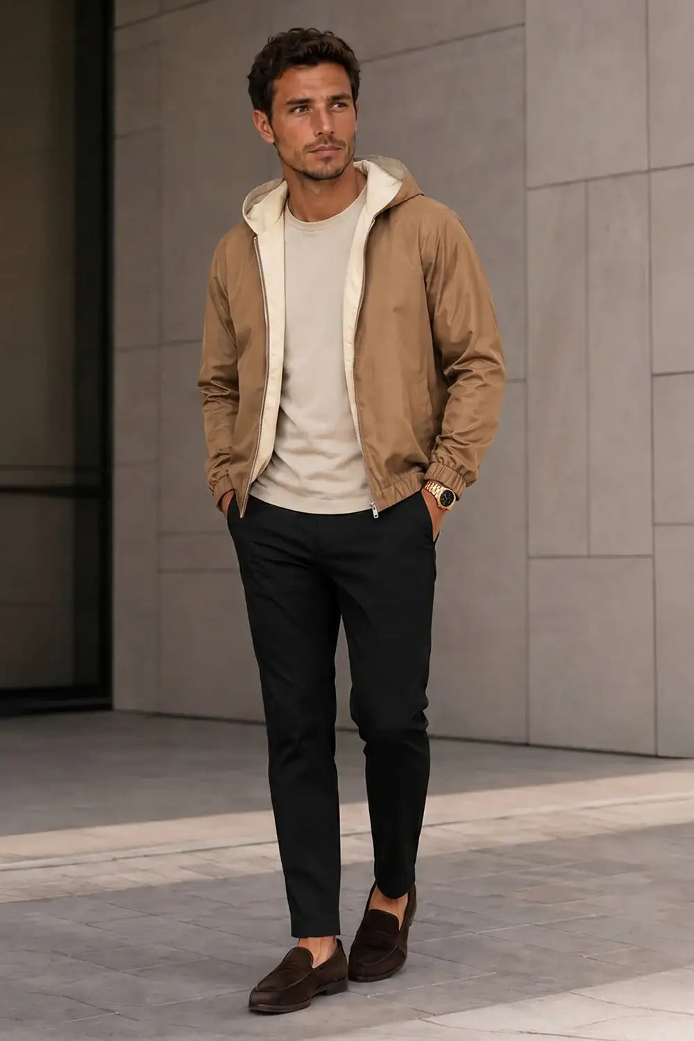 Man wearing stylish black chinos, beige hoodie, and brown loafers for casual urban fashion