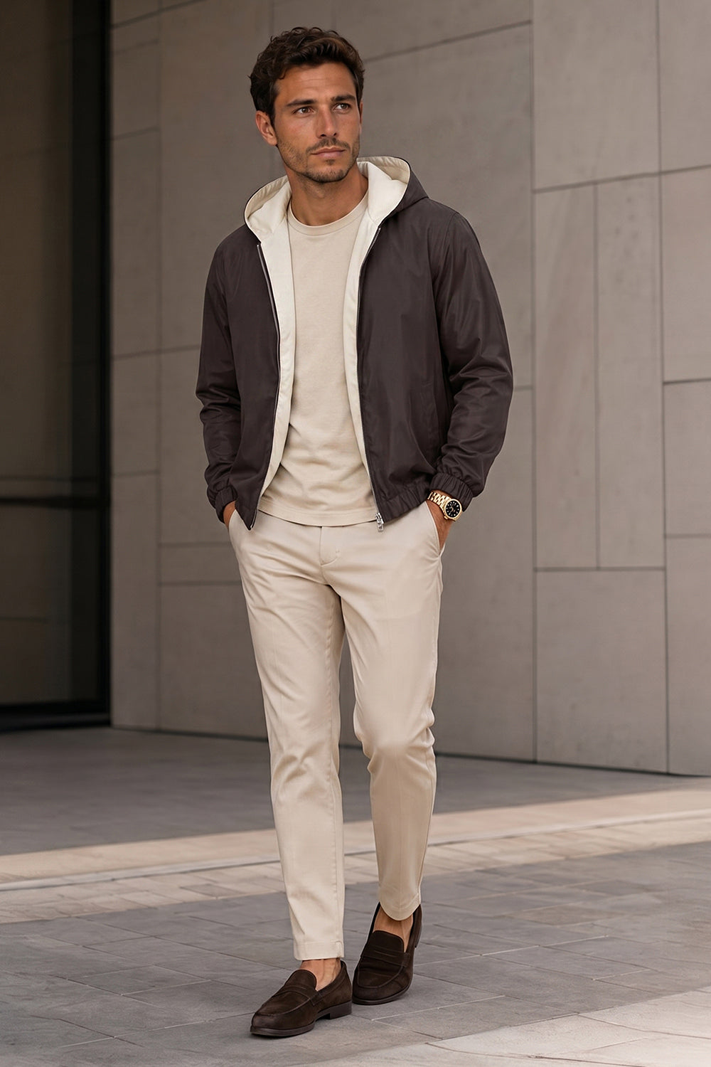 Men's Casual Hooded Lightweight Jacket - Brown