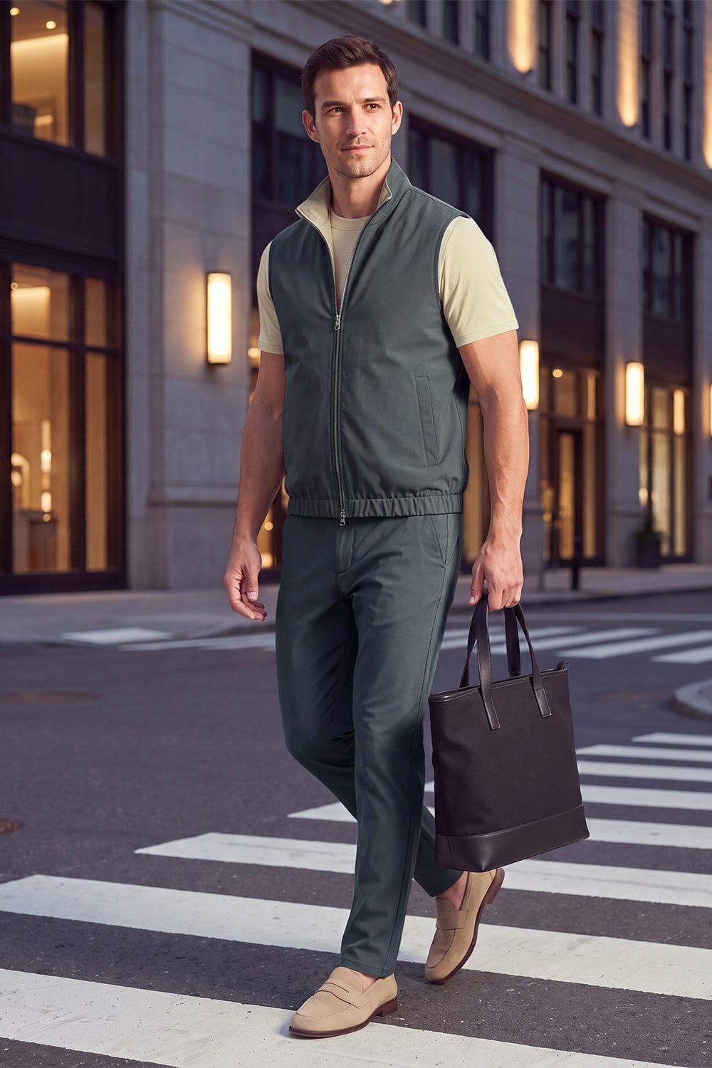 Men's 3-Piece Casual Set with Reversible Vest - Charcoal Gray