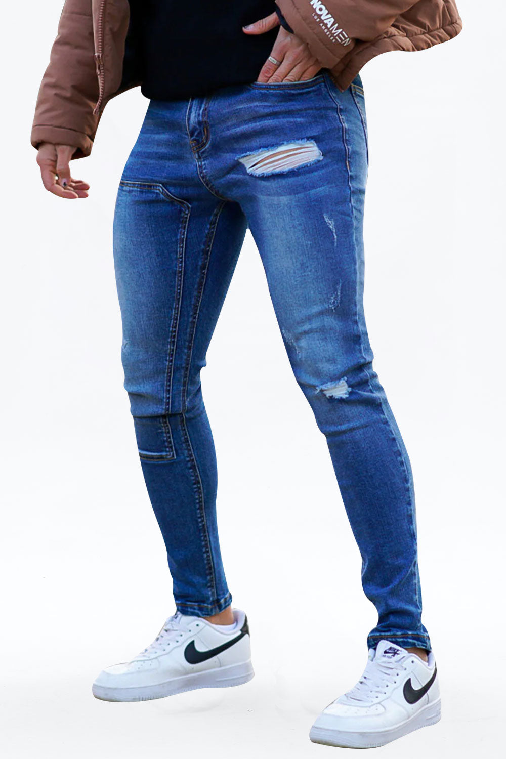 Gingtto Trendy Ripped Dark Blue Knee Skinny Fashion Jeans for Men - 28