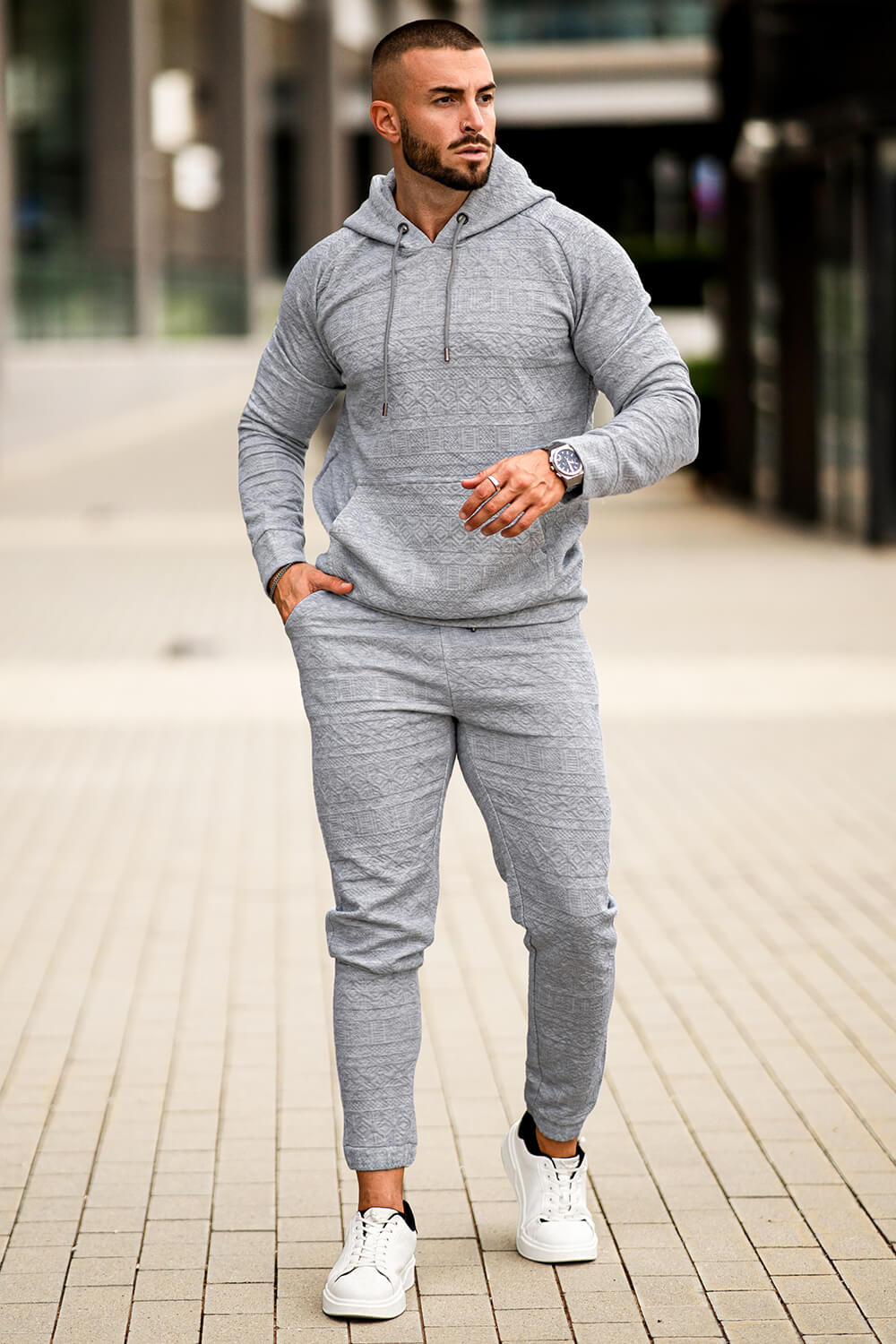 Men Hoodie Set Grey L