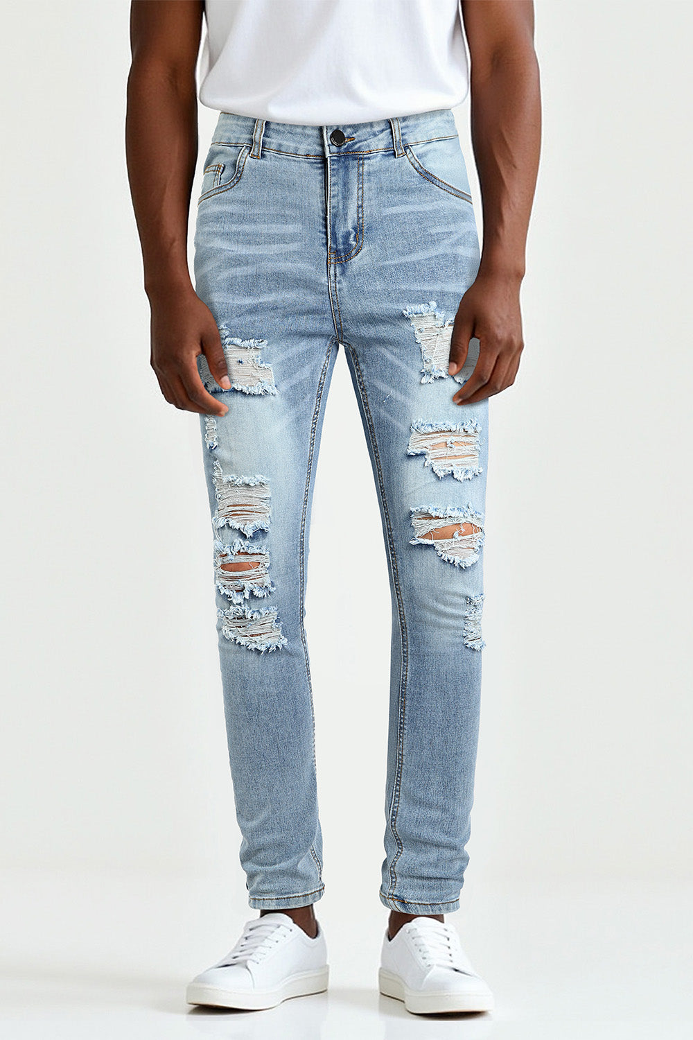 Men Stretch Skinny Jeans Ripped Light Blue For Sale – GINGTTO