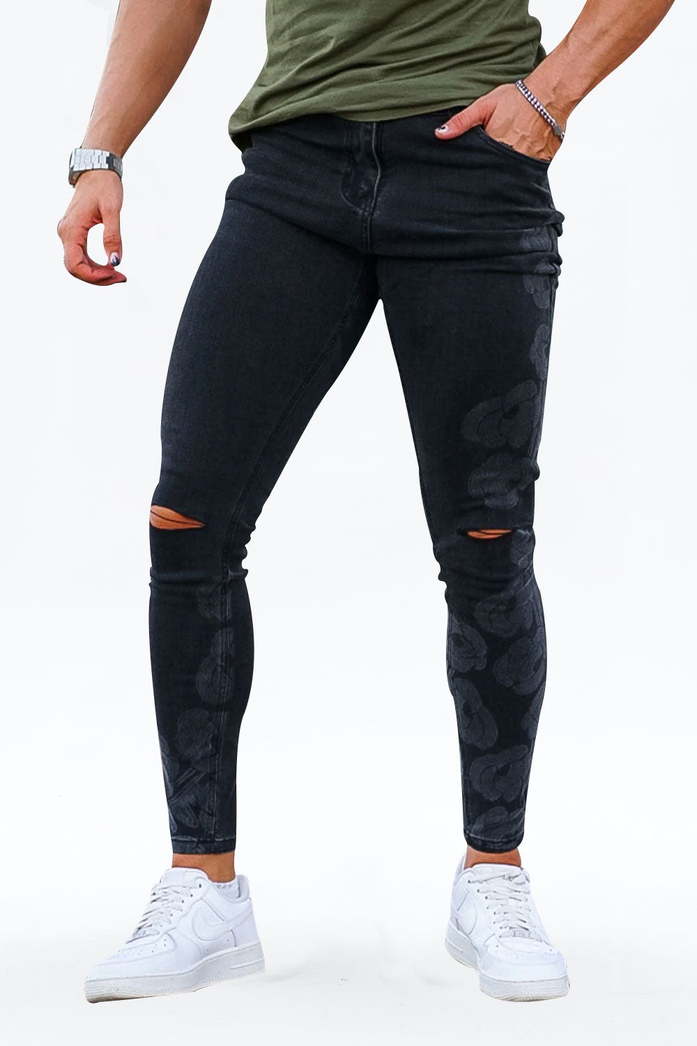 GINGTTO Men's Black Ripped Skinny Jean - Vintage for Sale 36