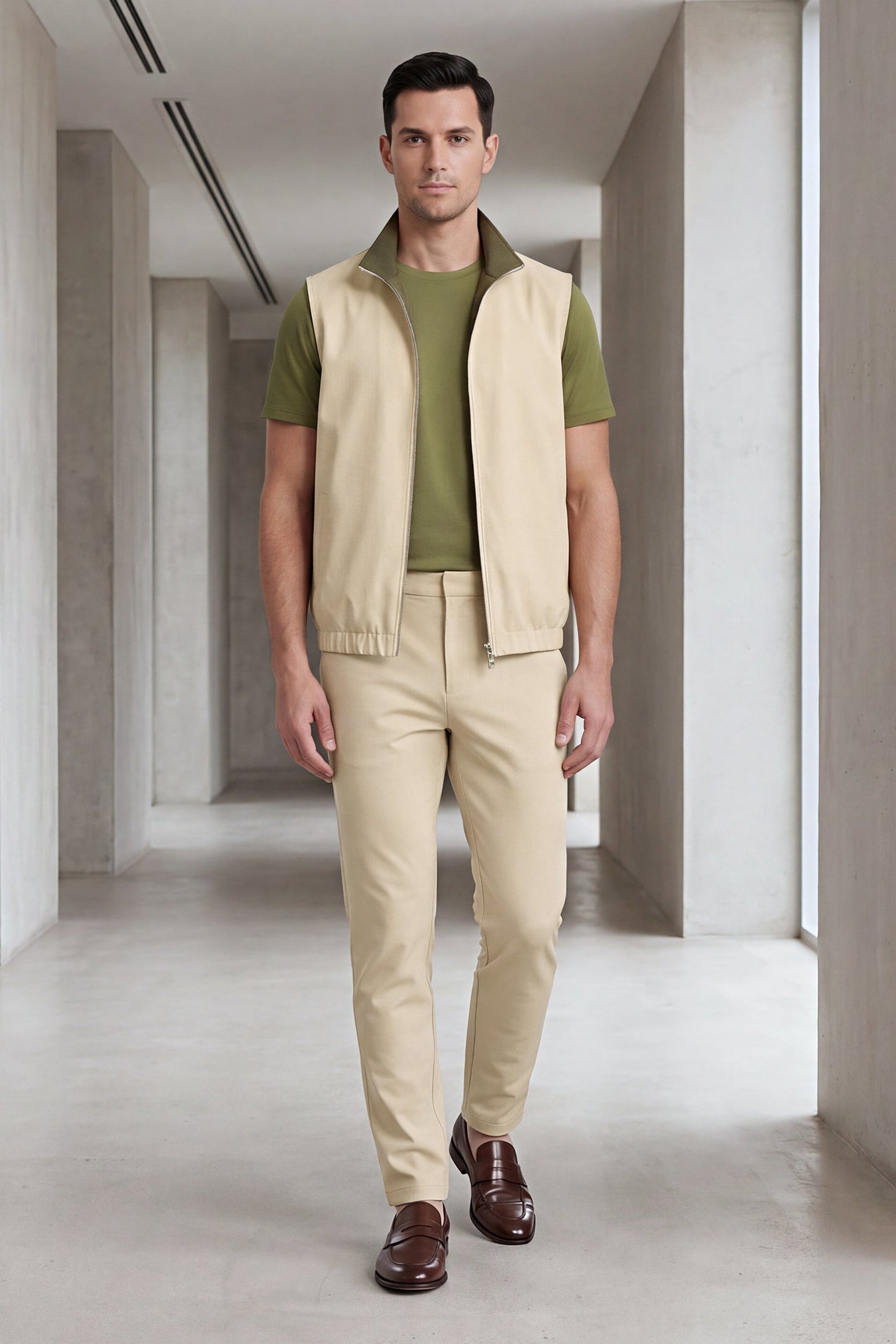 Men's 3-Piece Casual Set with Reversible Vest - Green
