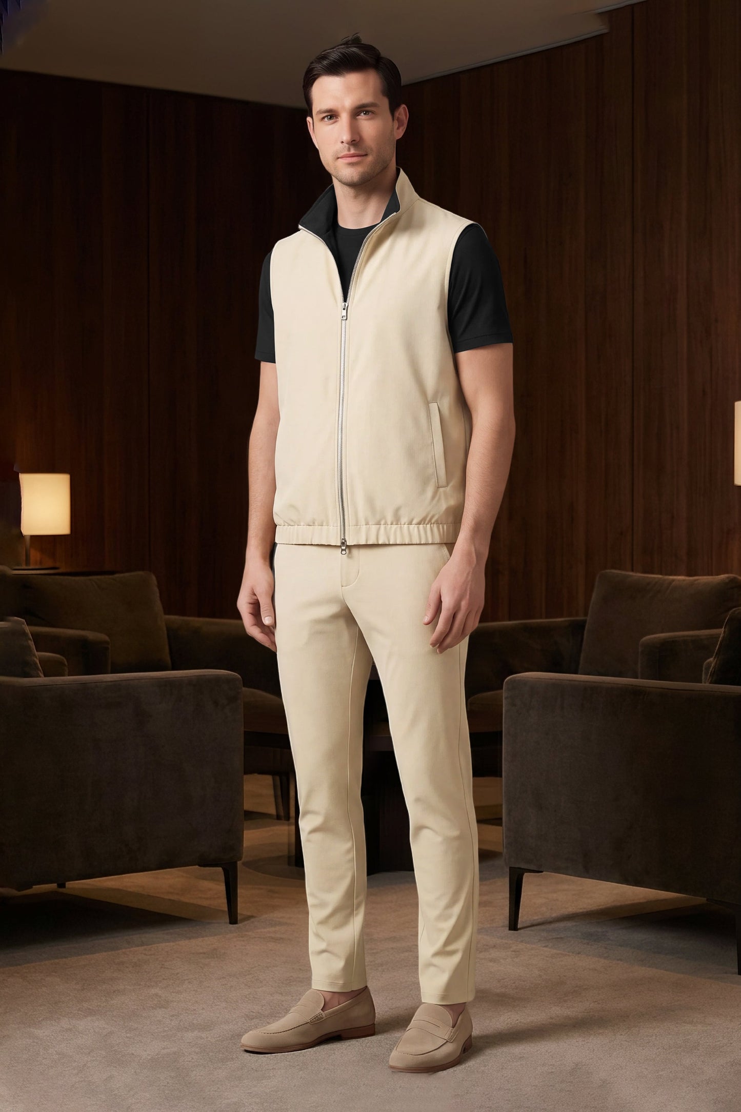 Men's 3-Piece Casual Set with Reversible Vest - Black