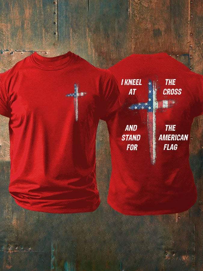 Mens Stand For The Flag Kneel For The Cross Printed Casual T-Shirt