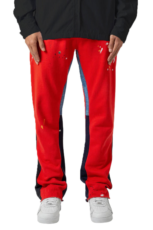 red stacked sweatpants