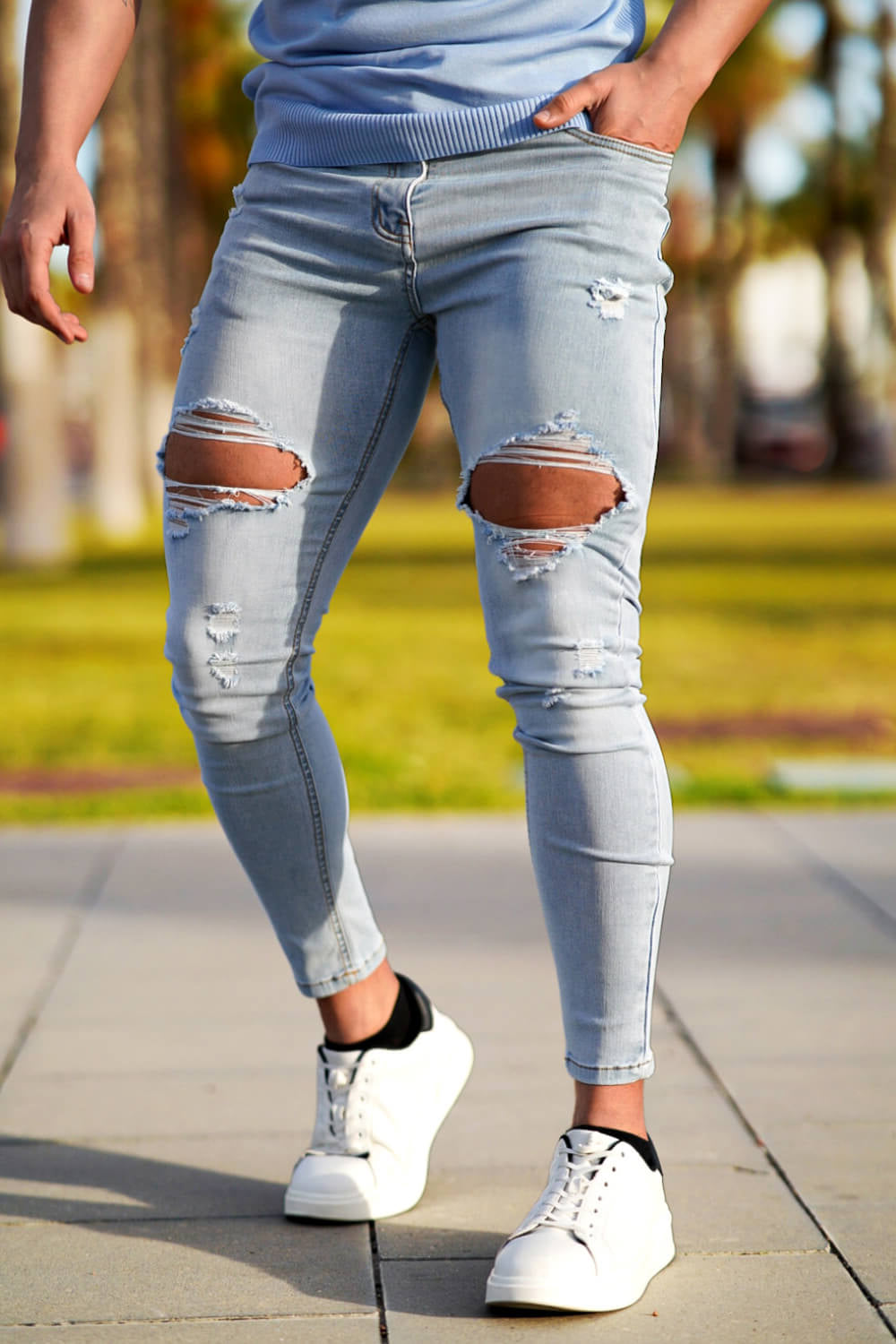 Men Ripped Stretch Skinny Jeans Light Blue For Sale