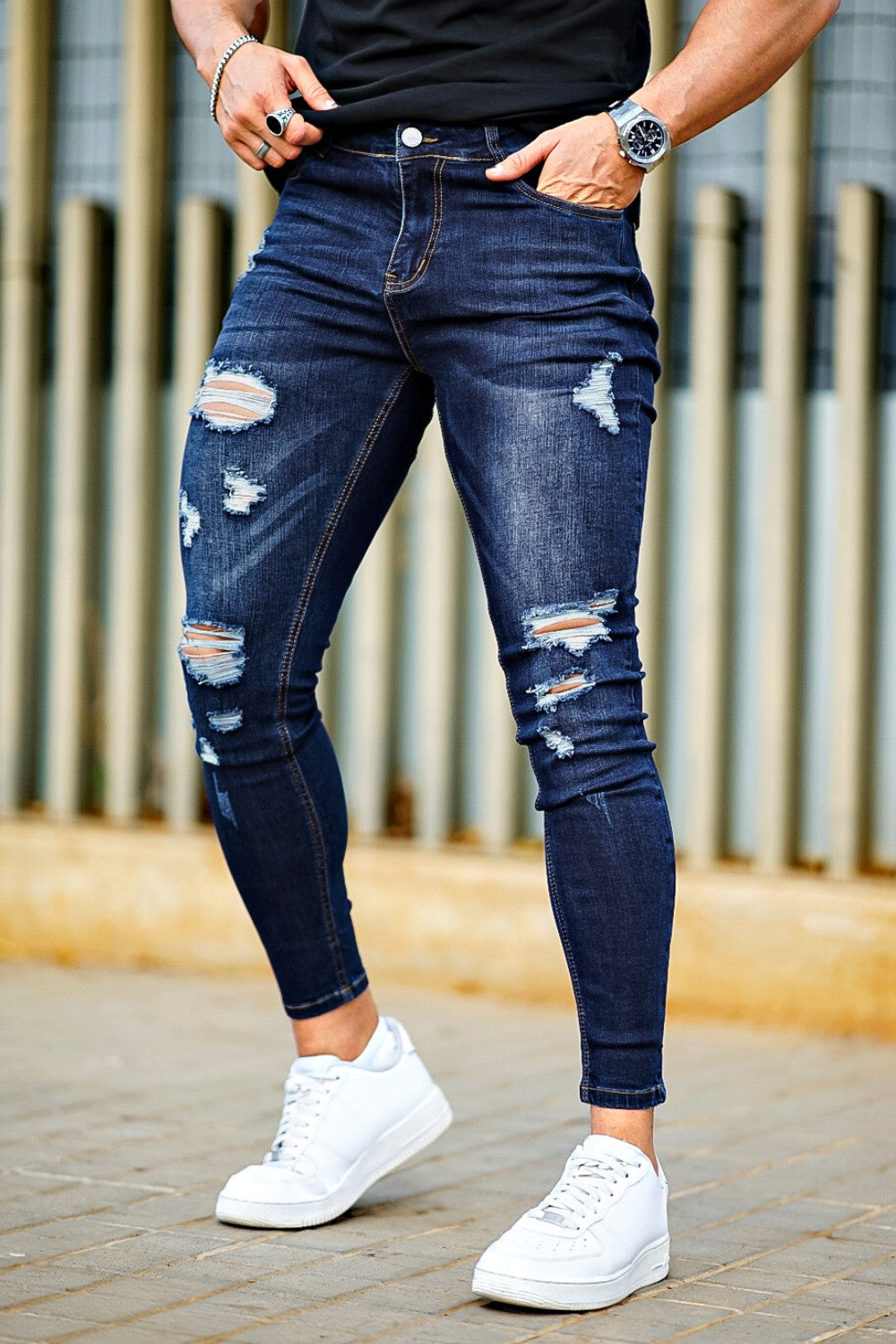 Jeans skinny élégants noirs pour hommes 50% de réduction Jeans skinny Jeans skinny pour hommes Jeans déchirés Jeans Slim Fit pour hommes