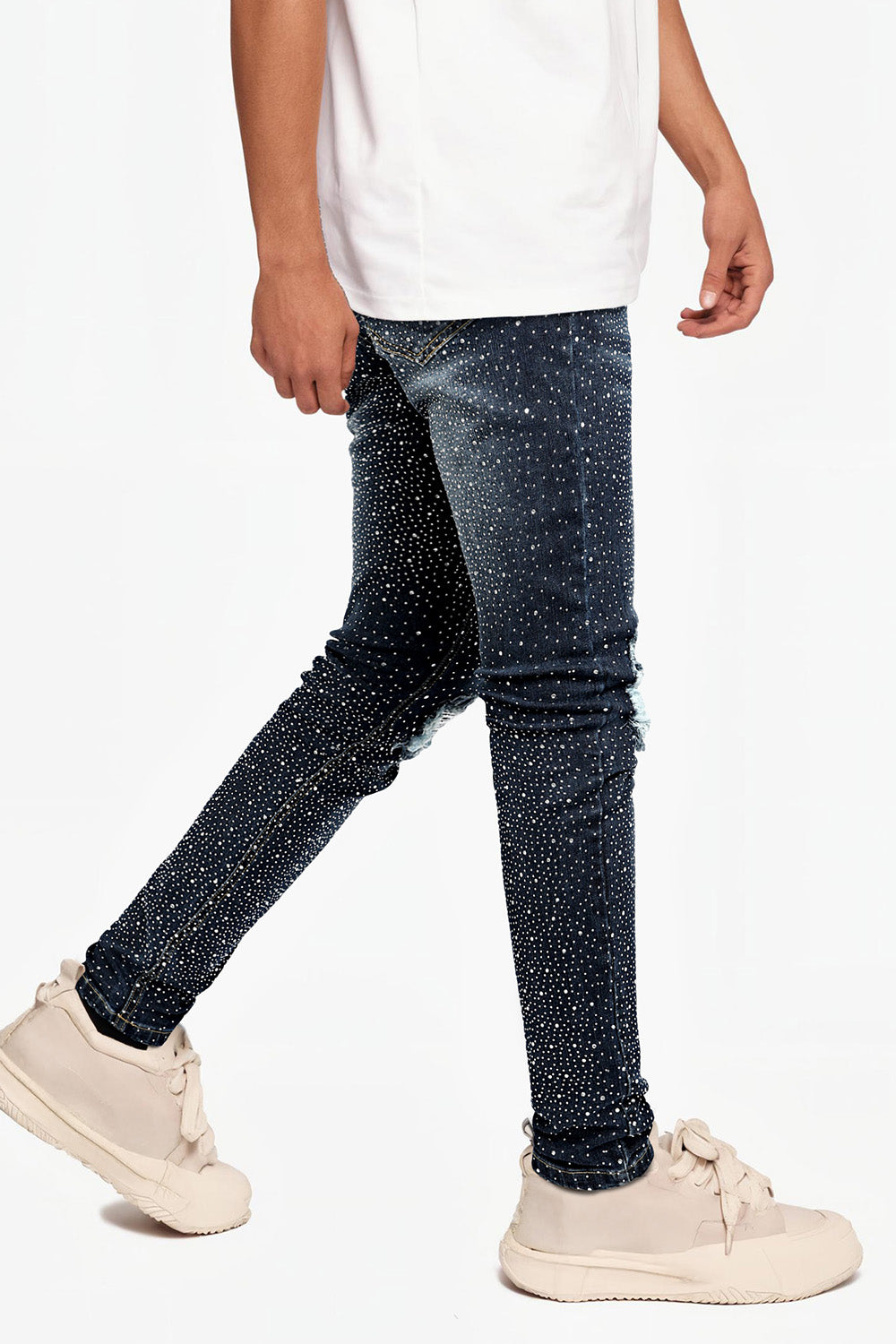 Men's Bedazzled Skinny Ripped Jean - Dark Blue (Pre-Sale)