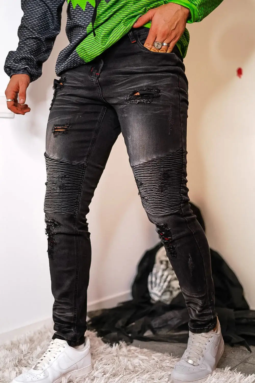 Men's Skinny Biker Jeans - Slim Fit Denim Super Stretch, Available In Blue, Grey, Black, All Sizes (28-40)