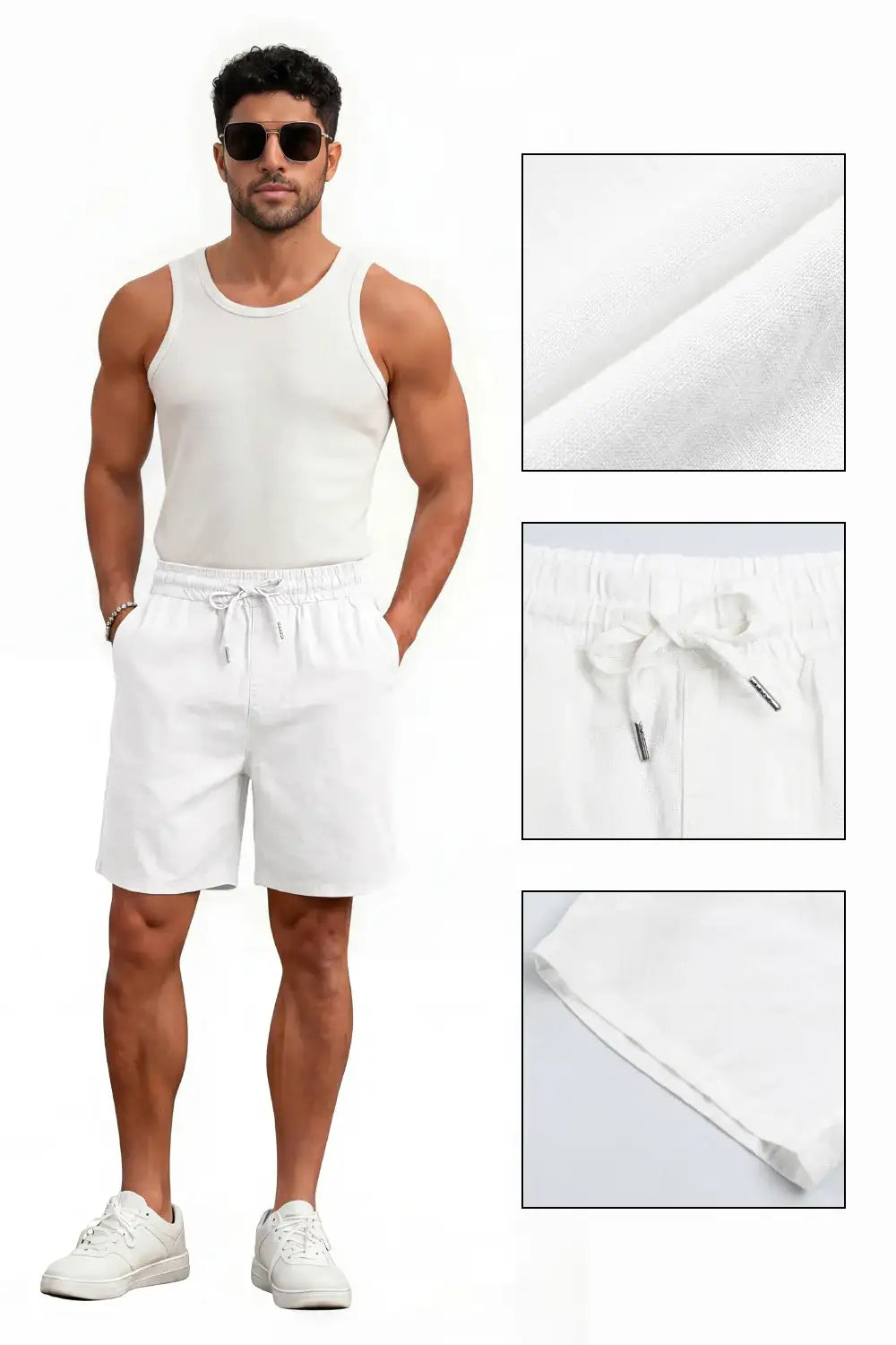 Men's Drawstring Casual Linen Shorts - White