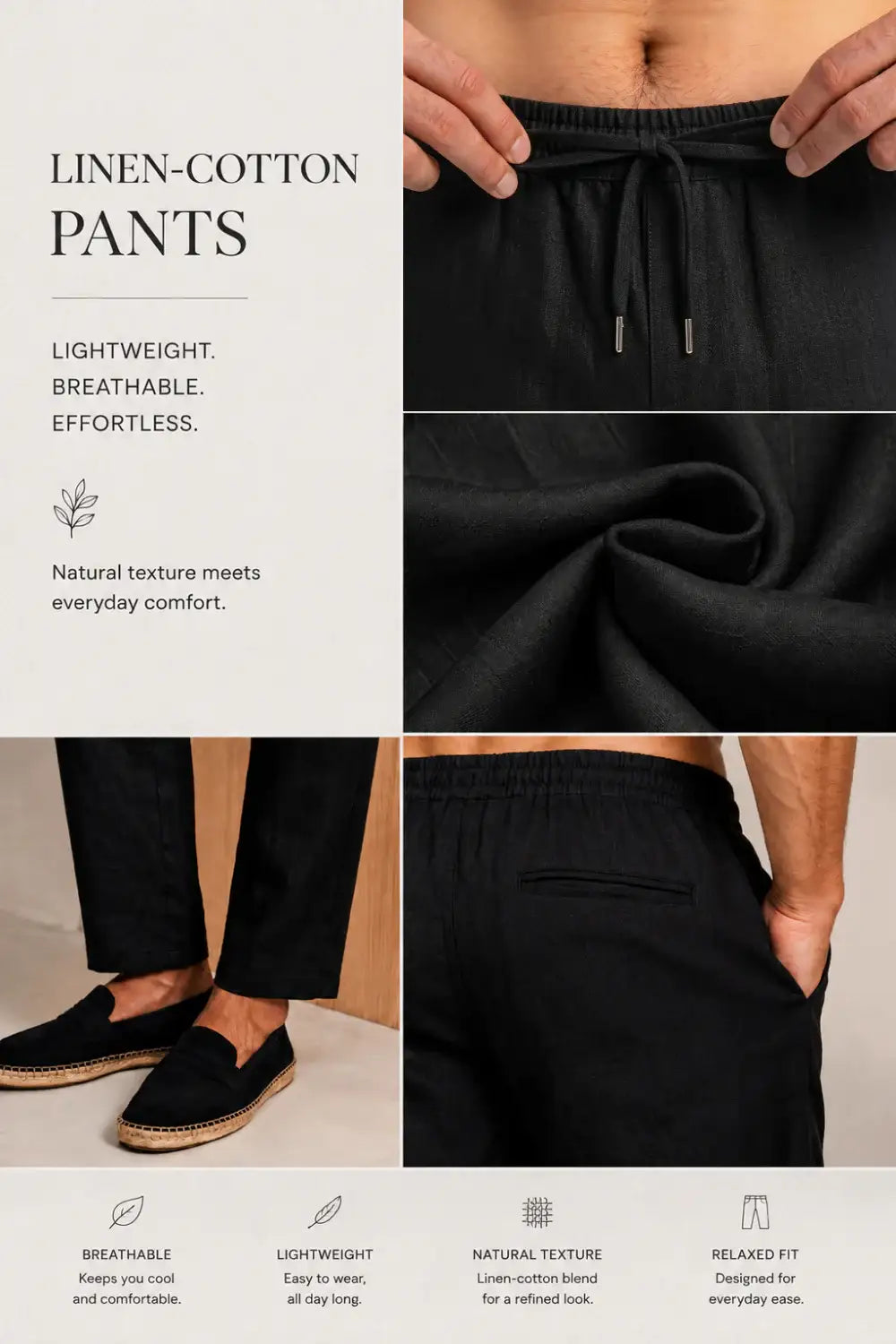 Men's Drawstring Casual Linen Pant - Black