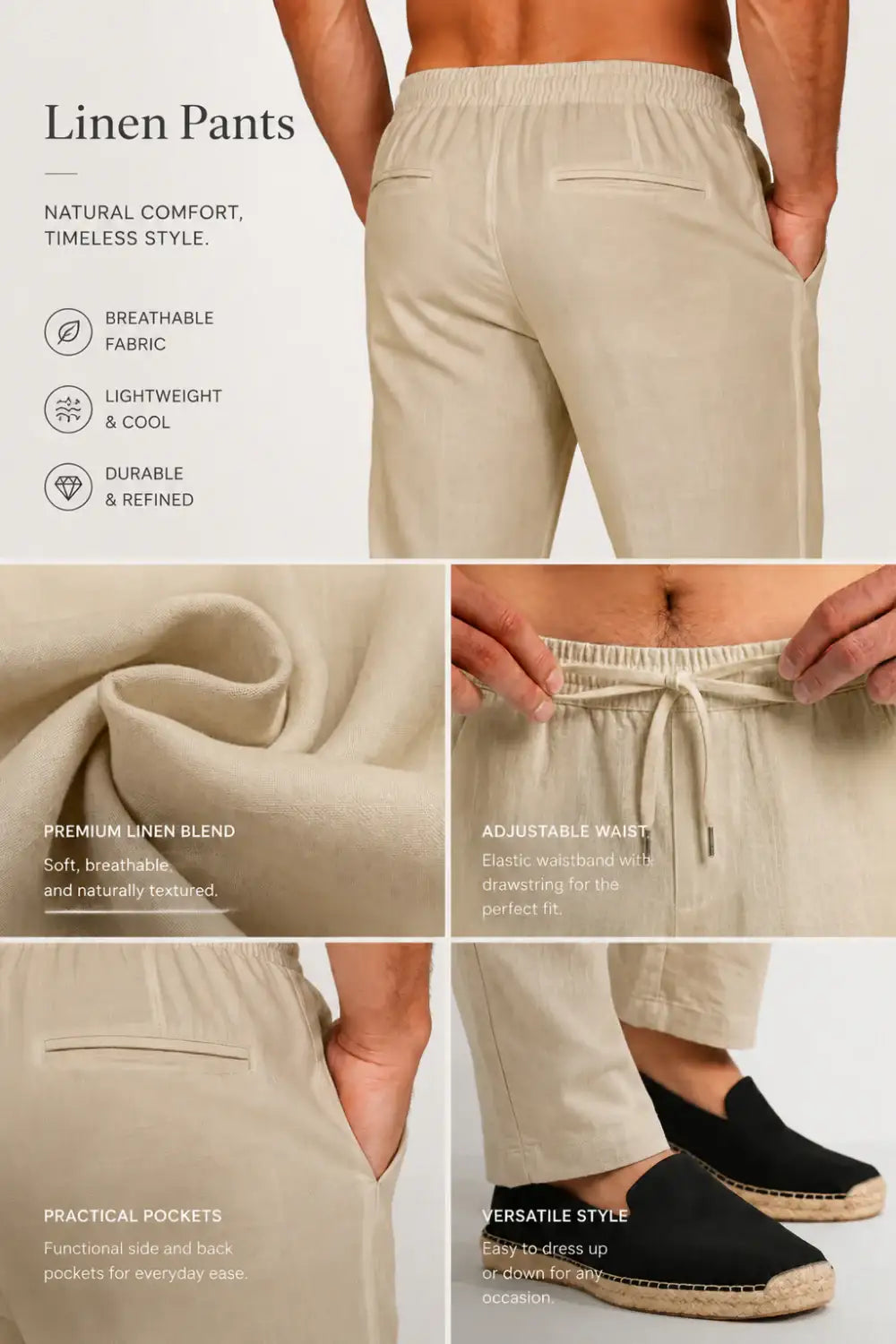 Men's Drawstring Casual Linen Pant - Khaki