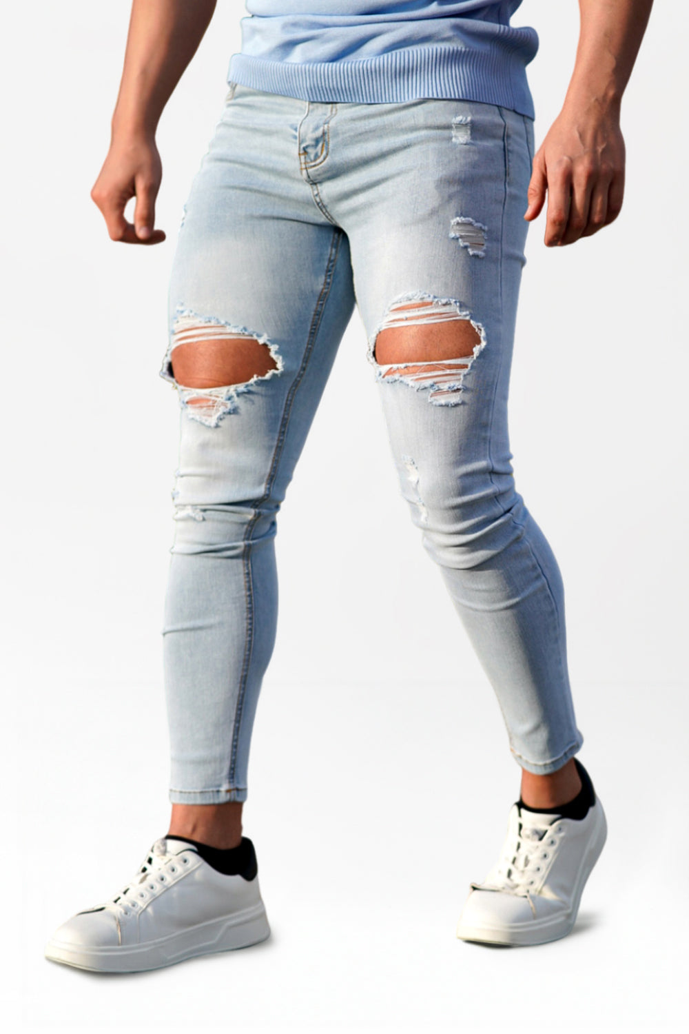 Men Ripped Stretch Skinny Jeans - Light Blue