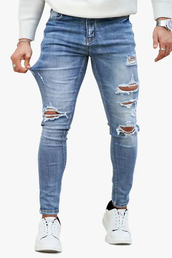 Tuta Da Uomo In Denim Blu Strappato – Slim Fit – XXX-Large – Con Tasche