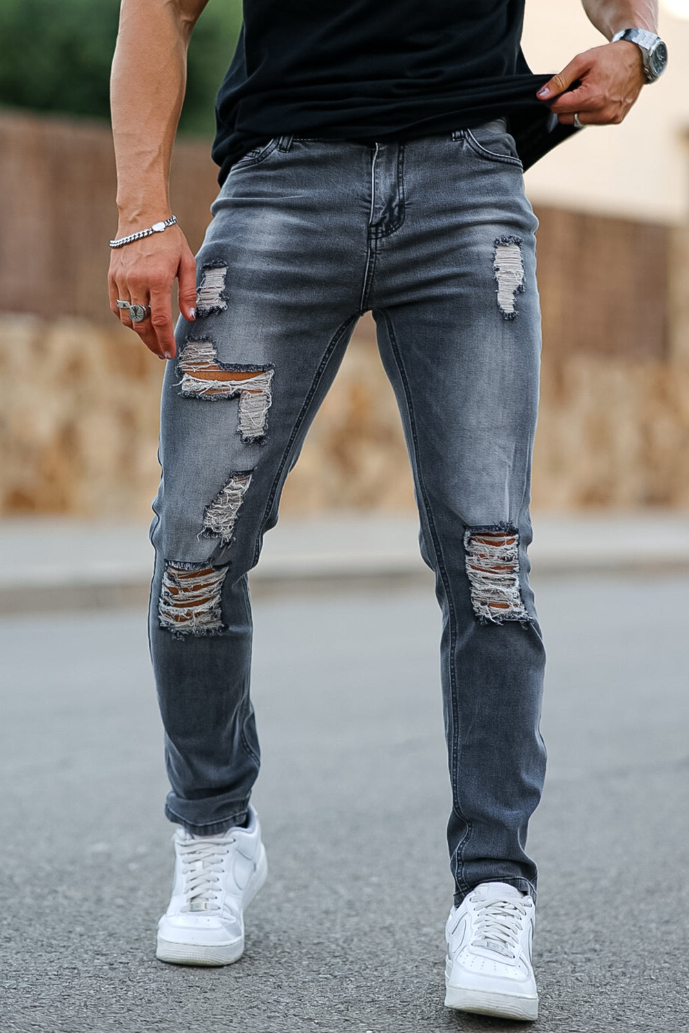 Shop Gingtto Men's Vintage Ripped Jeans - Gray For Sale – GINGTTO