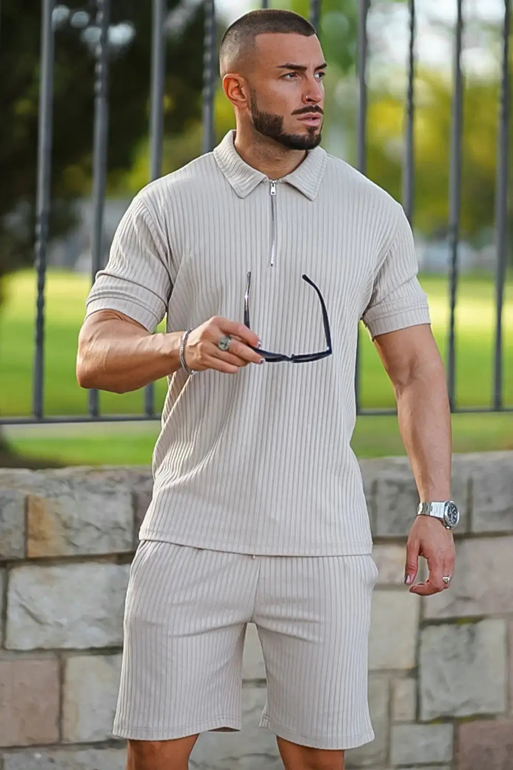 Gingtto Men's Light Brown Tracksuit With Stripe