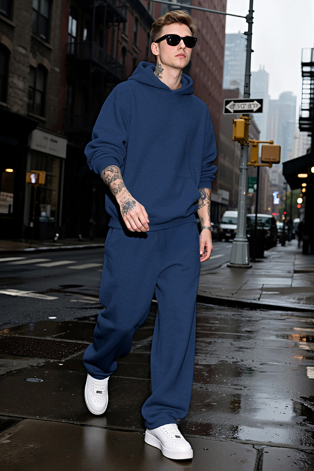 Men Pulloverl Hoodie Set - Blue