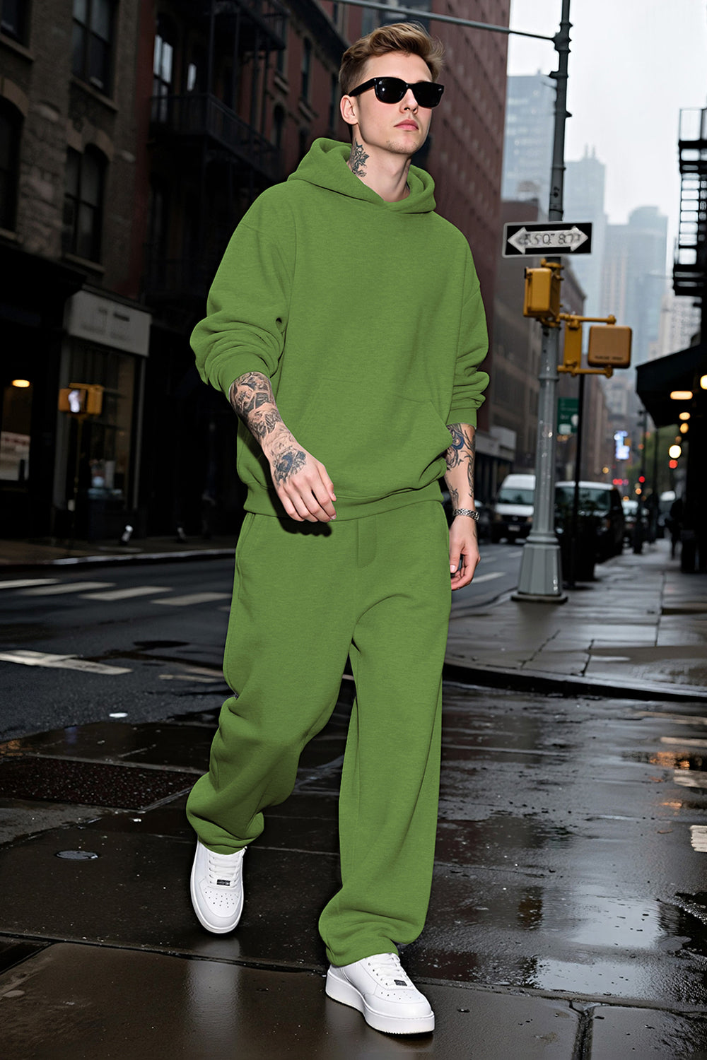 Men Pulloverl Hoodie Set - Green