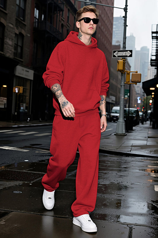 Men Pulloverl Hoodie Set - Red
