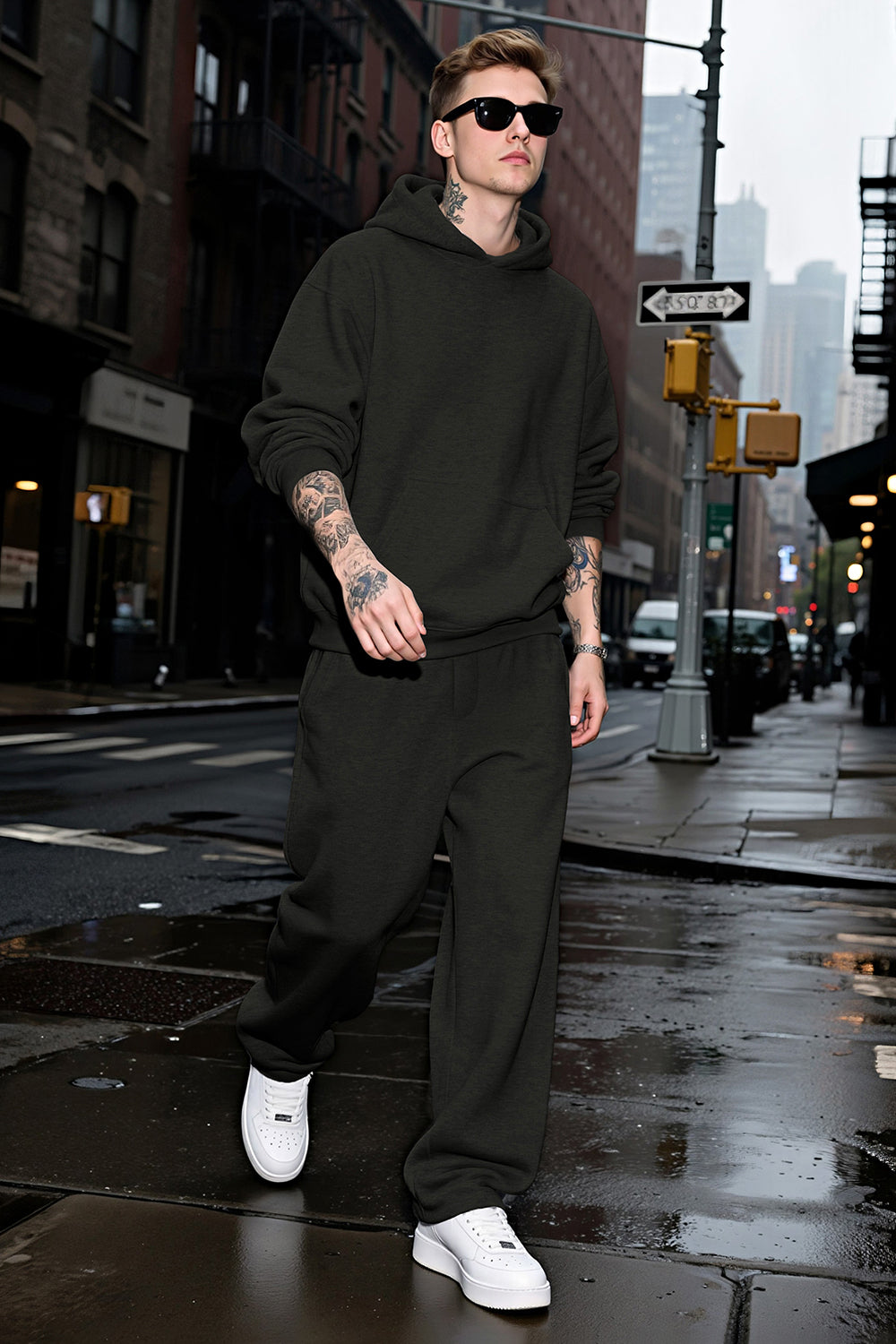 Men Pulloverl Hoodie Set - Black