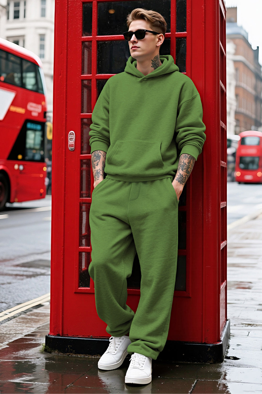 Men Pulloverl Hoodie Set - Green