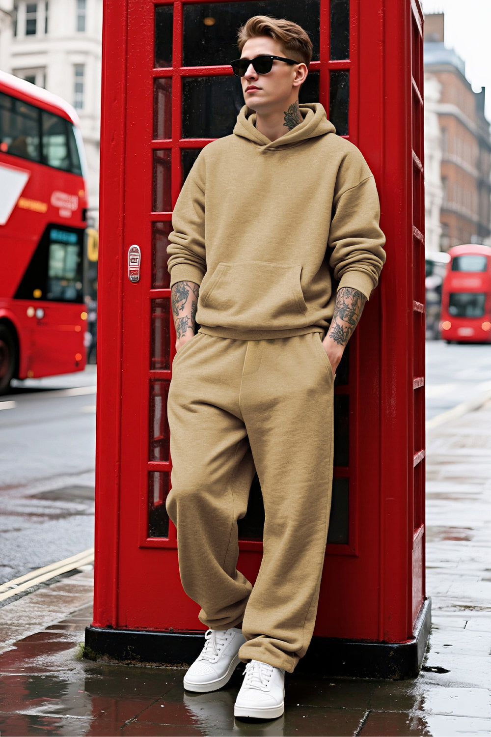 Men Pulloverl Hoodie Set - Khaki