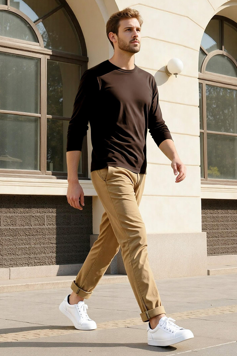 Men's Mercerized Cotton Long Sleeves T-Shirt - Brown