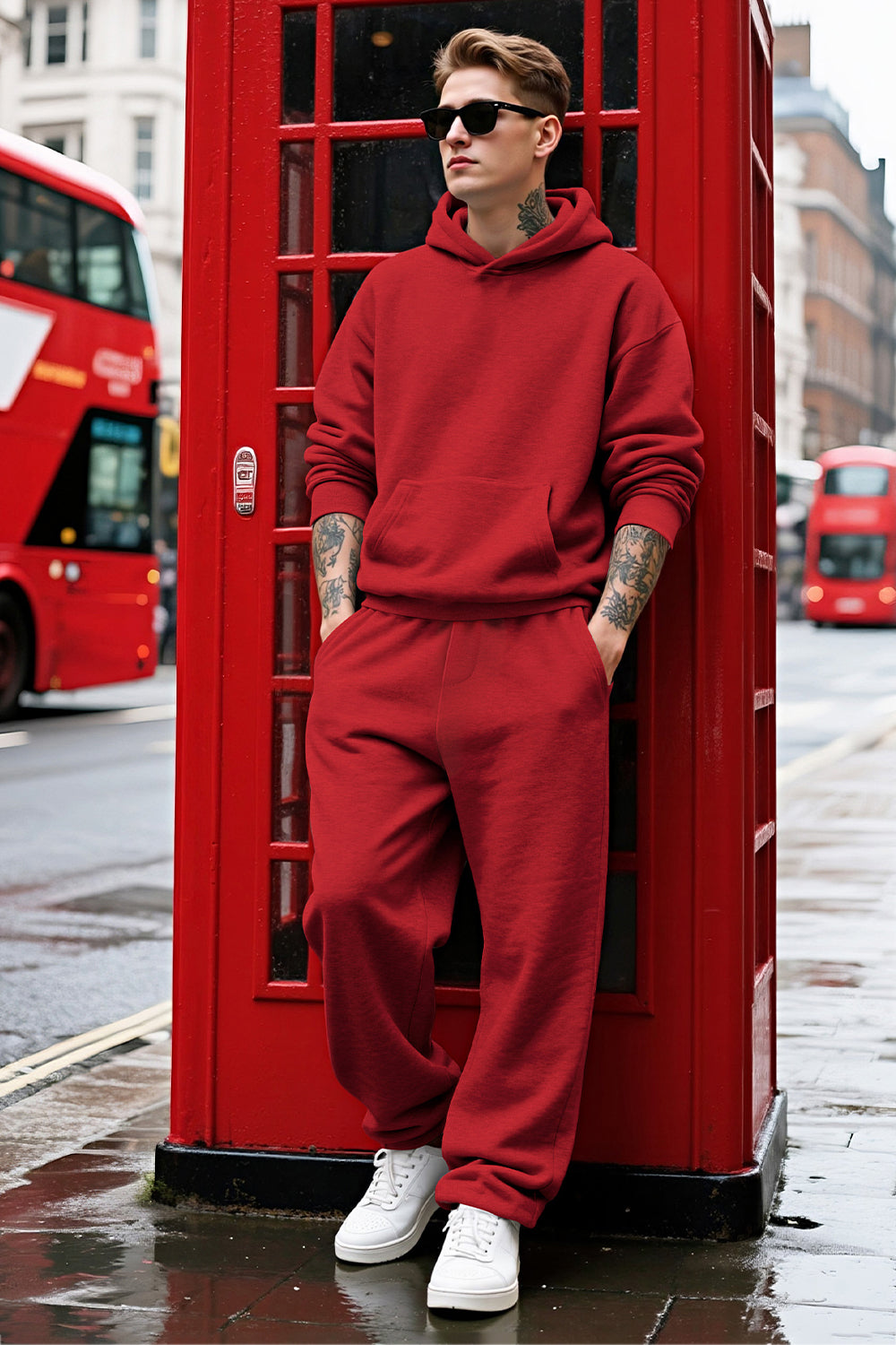 Men Pulloverl Hoodie Set - Red
