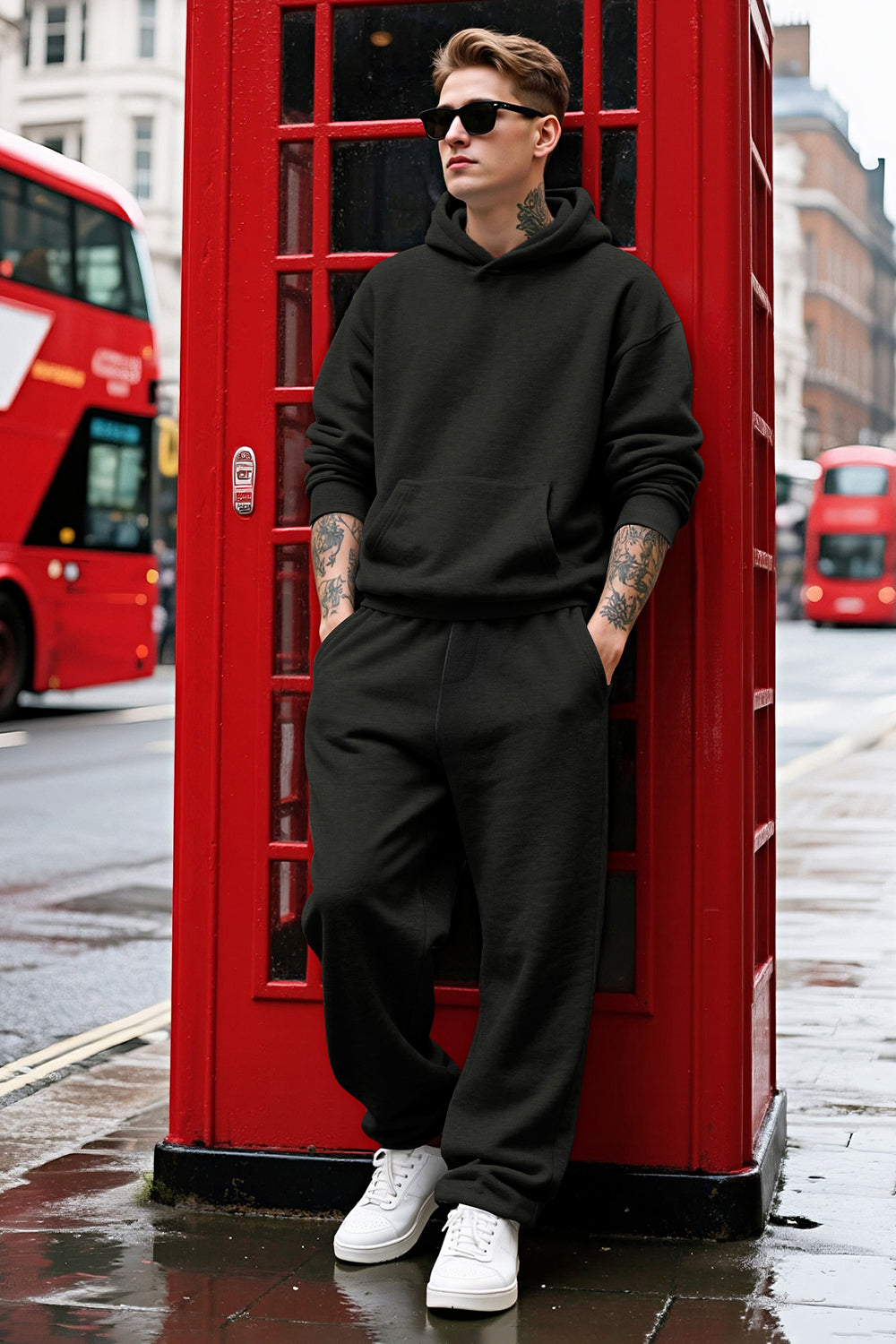 Men Pulloverl Hoodie Set - Black