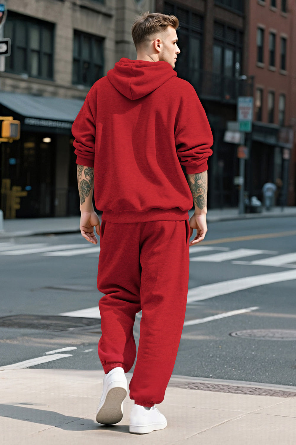 Men Pulloverl Hoodie Set - Red