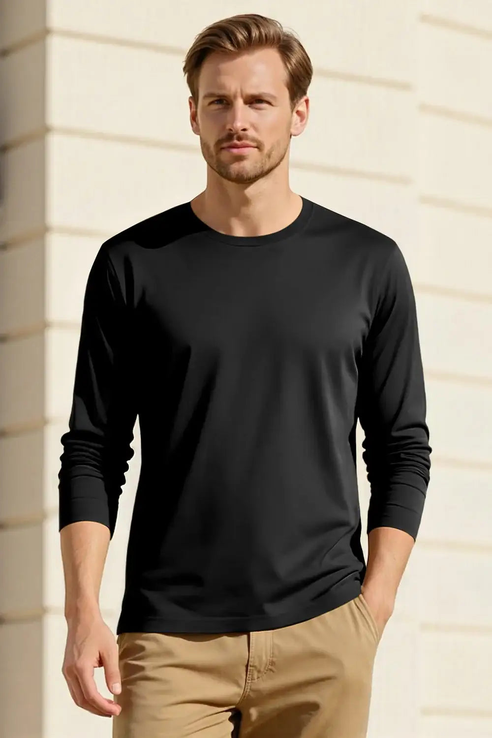 Men's Mercerized Cotton Long Sleeves T-Shirt - Black For Sale