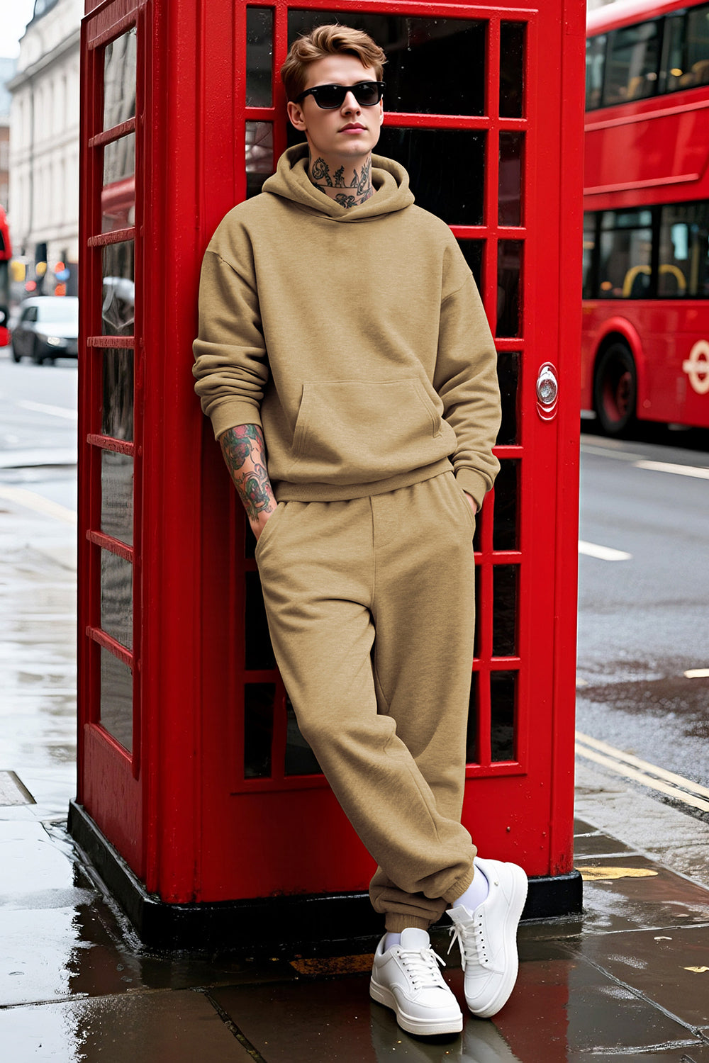 Men Pulloverl Hoodie Set - Khaki