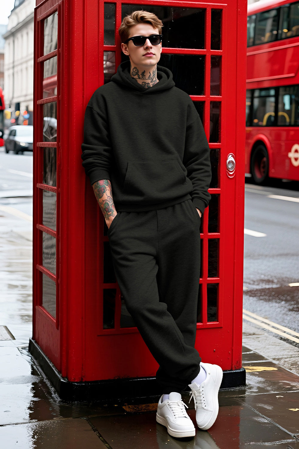 Men Pulloverl Hoodie Set - Black