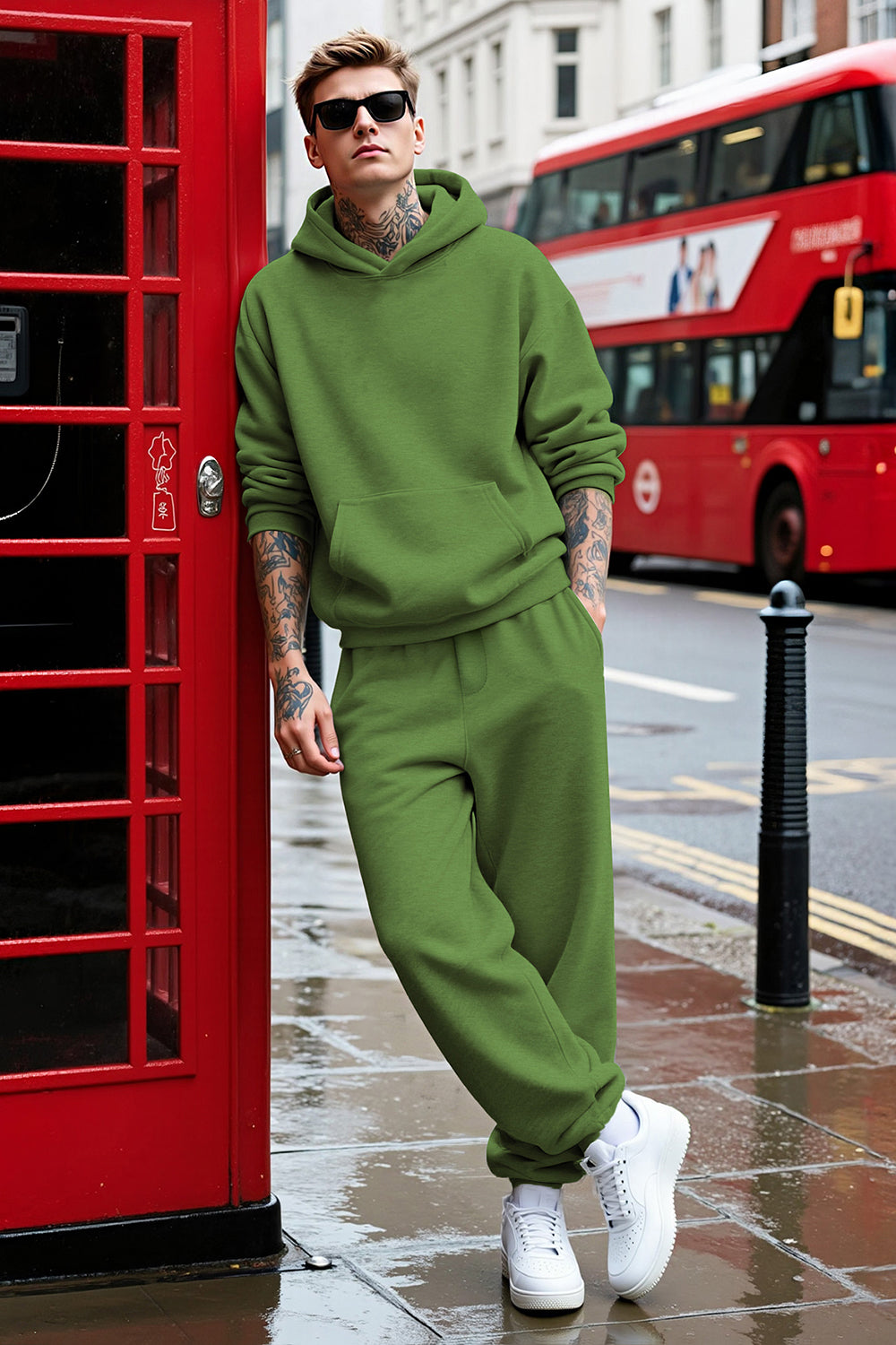 Men Pulloverl Hoodie Set - Green