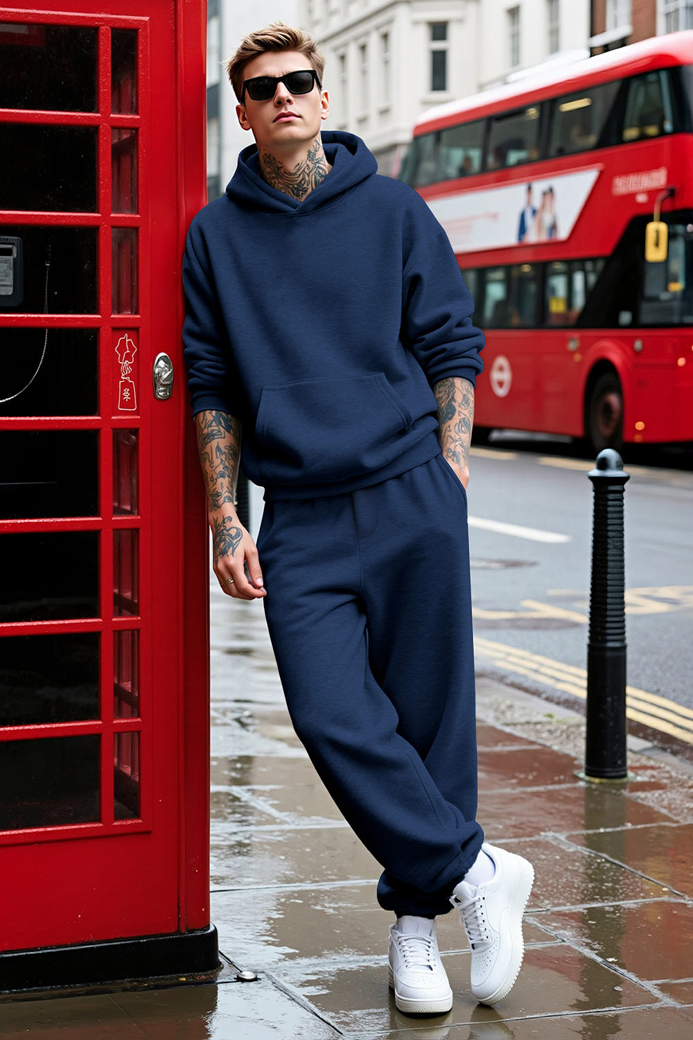 Men Pulloverl Hoodie Set - Blue