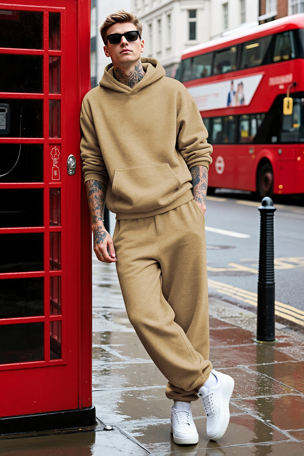 Men Pulloverl Hoodie Set - Khaki