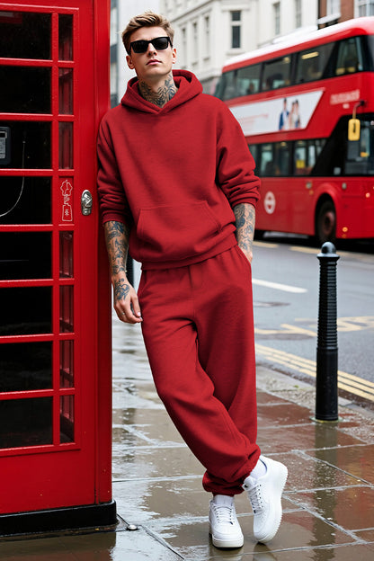 Men Pulloverl Hoodie Set - Red