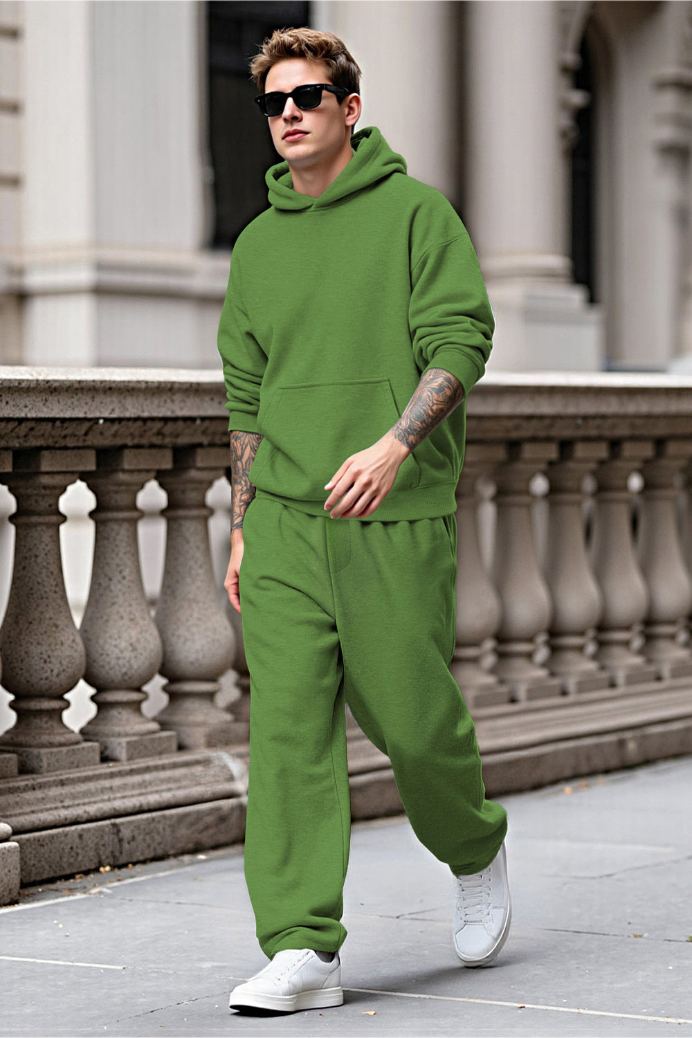 Men Pulloverl Hoodie Set - Green