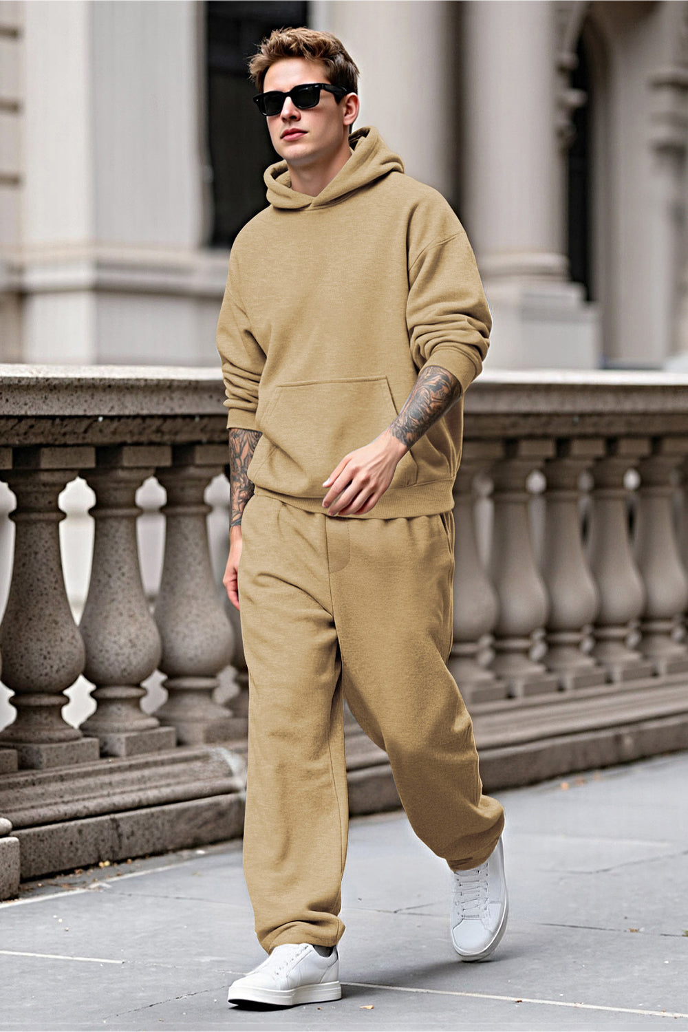 Men Pulloverl Hoodie Set - Khaki