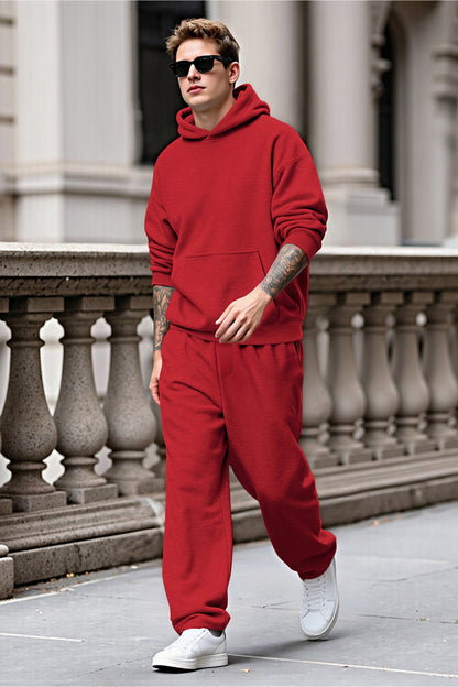 Men Pulloverl Hoodie Set - Red