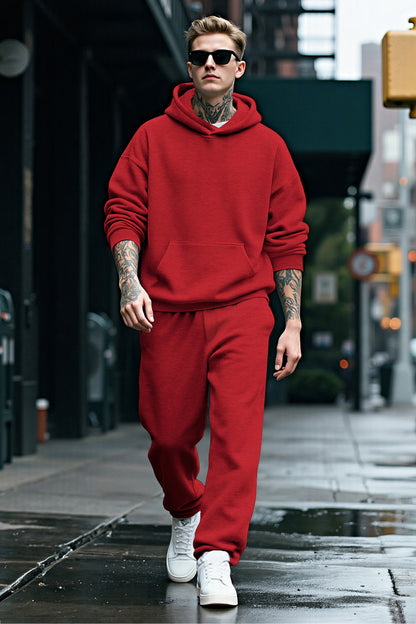 Men Pulloverl Hoodie Set - Red