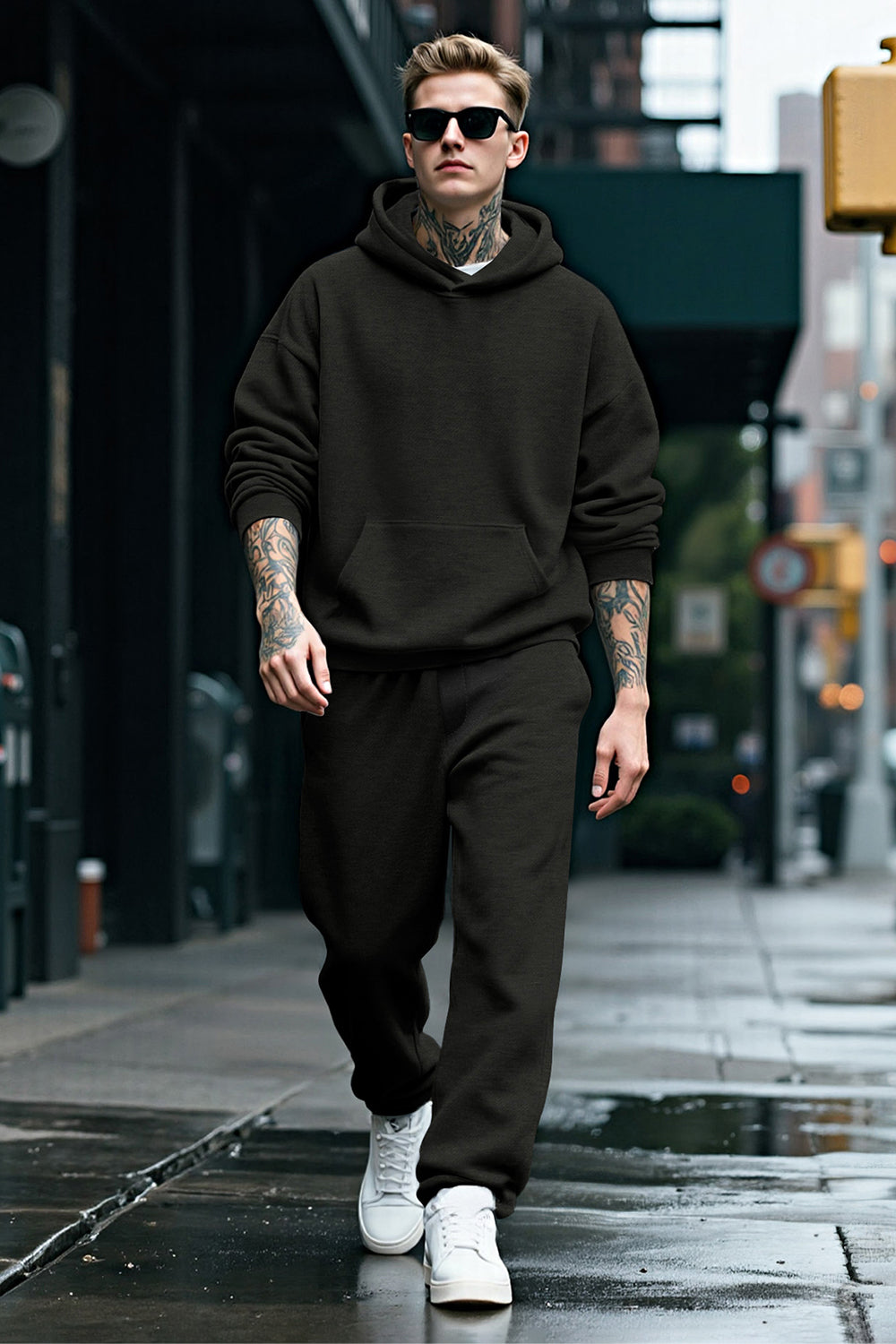 Men Pulloverl Hoodie Set - Black