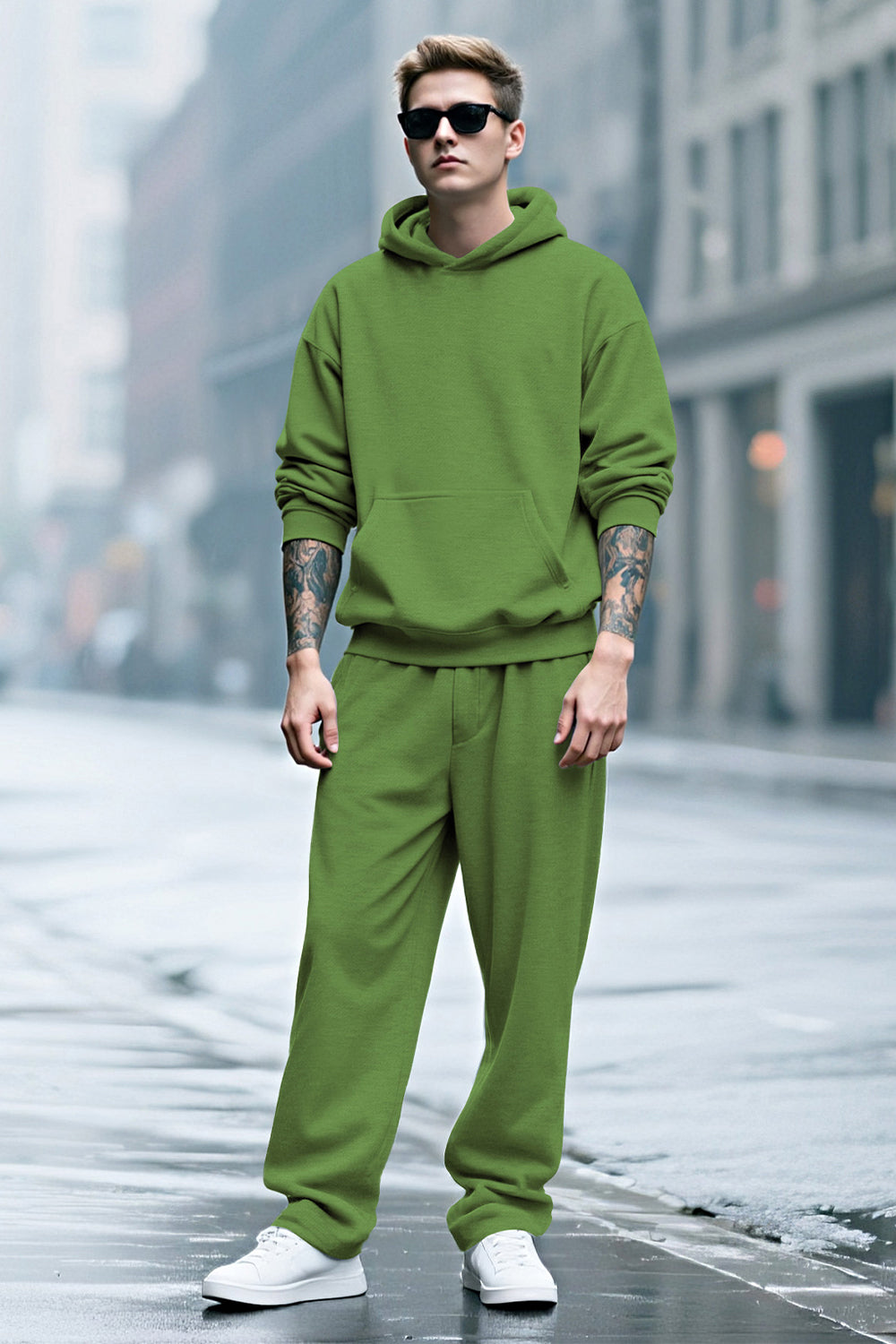 Men Pulloverl Hoodie Set - Green